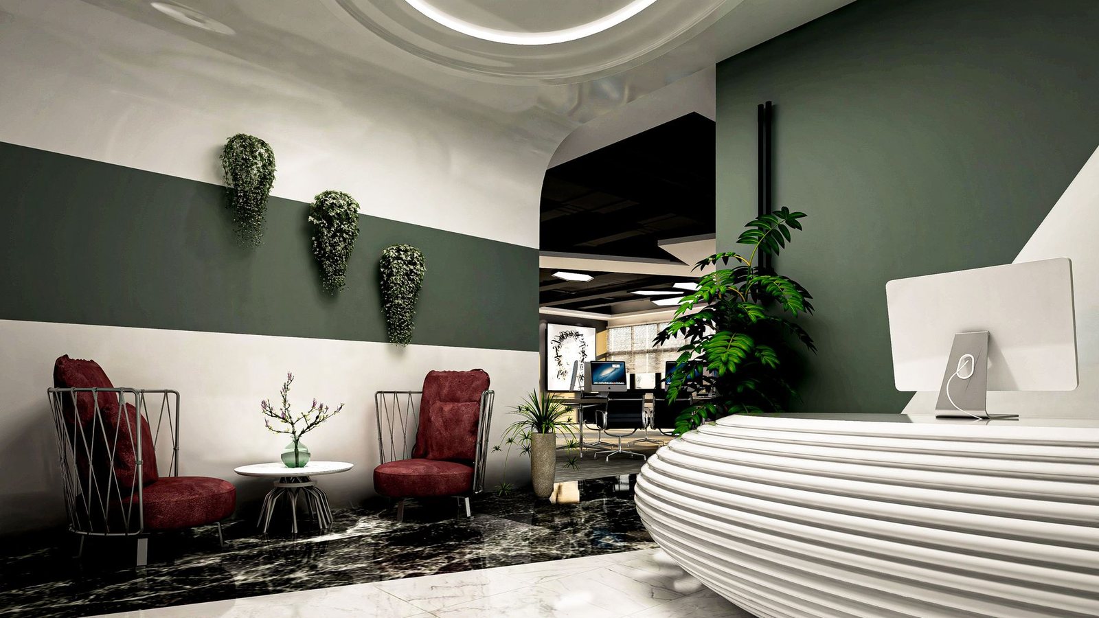 Elegant reception area featuring modern decor with burgundy chairs and greenery in Casablanca, Morocco.